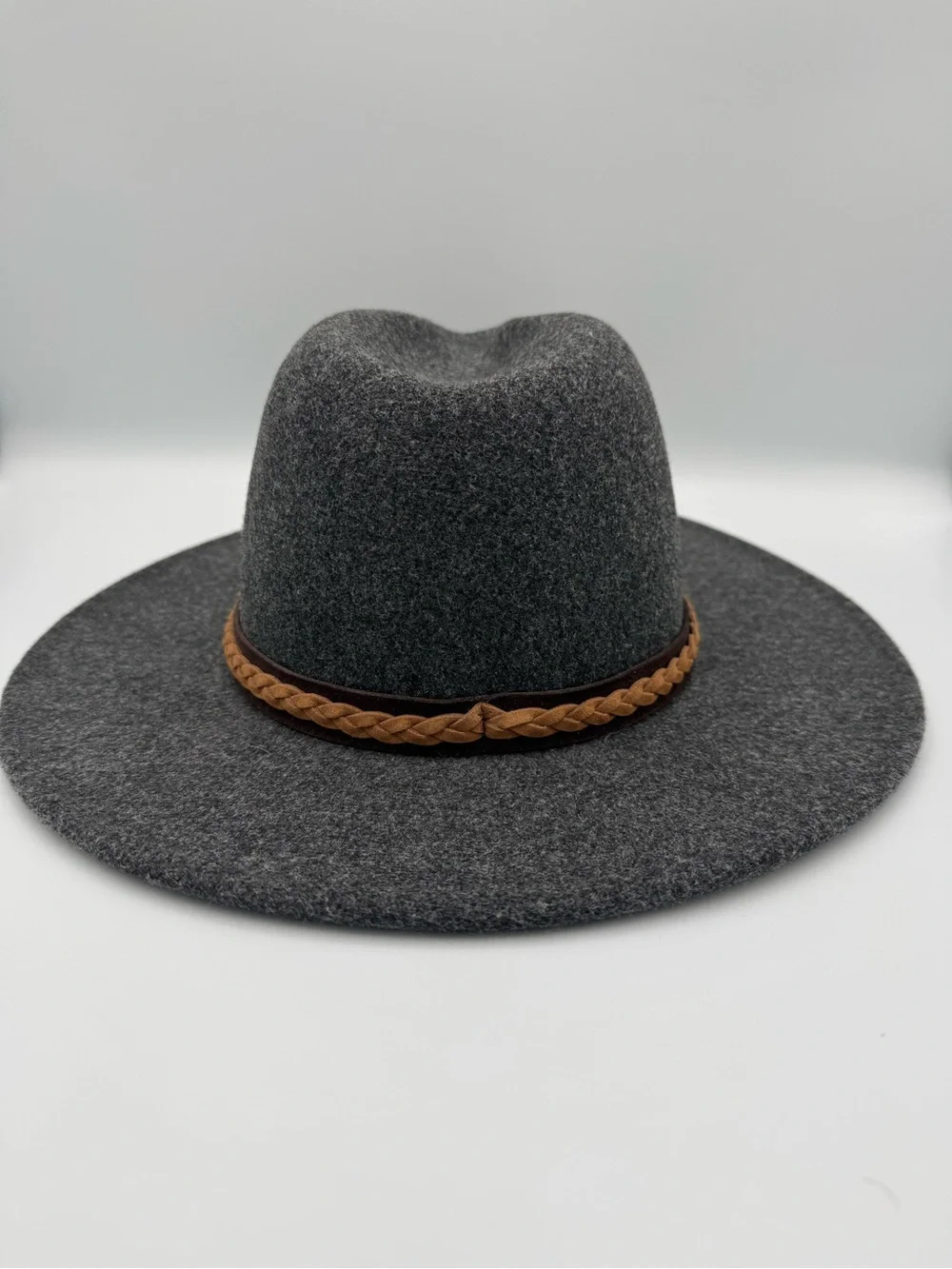 FRYE Felt Tall Crown Fedora Hat, Leather Band, Hat Size OSFM, Heather Grey